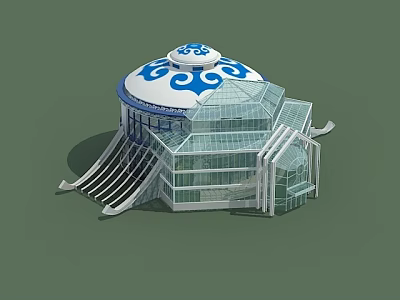 Modern Architectural Design Featuring Blue And White Patterned Dome Glass Structure And Steps 3d model