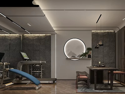 Modern Entertainment Room With Fitness Equipment Chinese Style Furniture And Circular Wall Decor 3d model