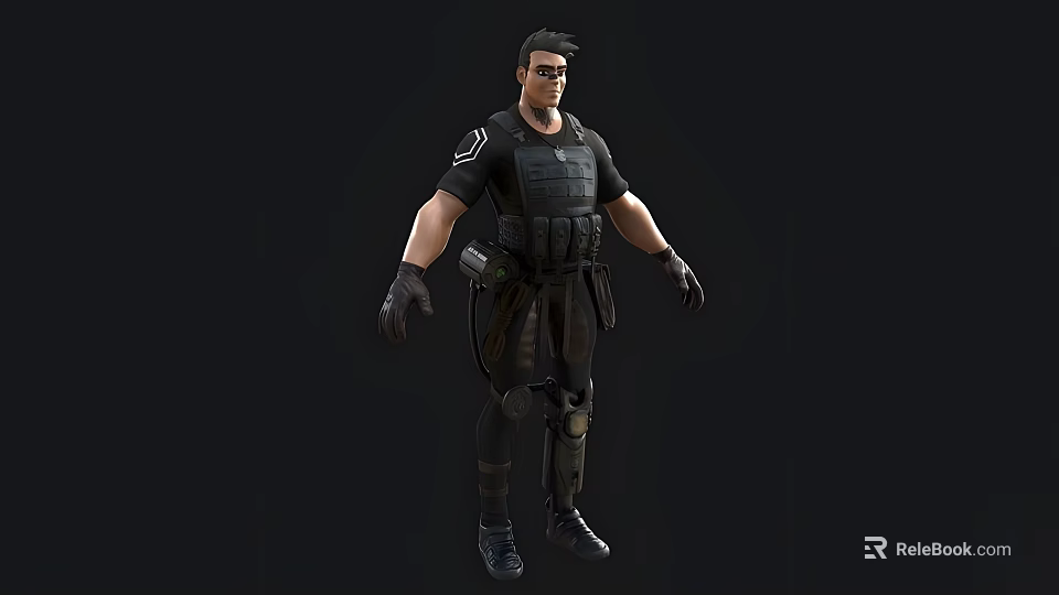 A Man In Black Tactical Gear With Bulletproof Vest Knee Pads And Gloves 3d model 