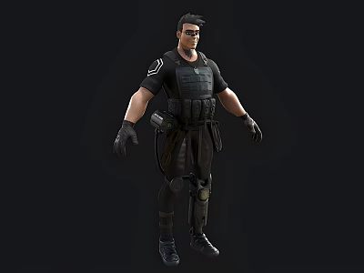 A Man In Black Tactical Gear With Bulletproof Vest Knee Pads And Gloves 3d model