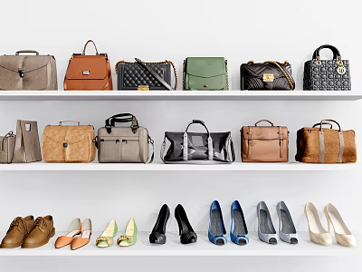 Stylish Leather Handbags In Various Colors And Styles On White Shelf 3d model