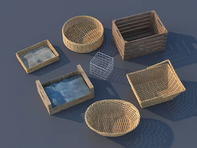 Various Shapes Woven Storage Baskets Wooden Boxes And Metal Grid Organizers For Home Living Supplies 3d model