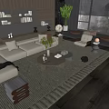 Modern Beige Sofa With Wooden Coffee Table In Living Room Featuring Textured Rug And Bookshelf