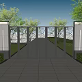 Modern Building Exterior With Decorative Metal Gate Lush Greenery And Reflective Ground Design