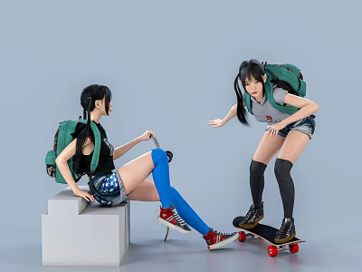 Two Women in Denim Shorts with Green Backpacks Interacting on Skateboard and White Block 3d model
