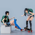 Two Women in Denim Shorts with Green Backpacks Interacting on Skateboard and White Block