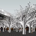 Stunning Plaza Landscape With Illuminated Tree Shaped Structures And White Spherical Lights