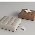 Beige and Brown Tufted Upholstered Ottoman Footstool with Magazine on Light Background
