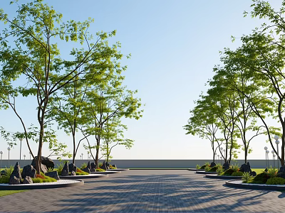 Plant Combination Along Paved Pathway With Trees Stones And Green Foliage Under Clear Blue Sky 3d model