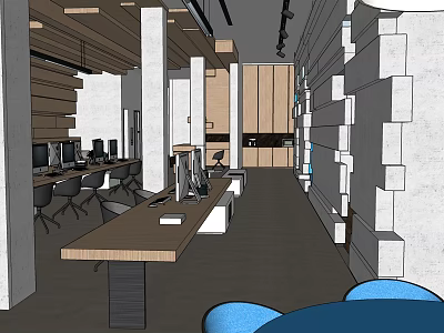 Modern Public Office Space With Open Layout Workstations Computers And Wooden Elements 3d model