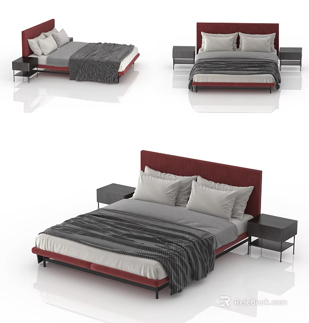 Modern Double Bed With Red Headboard Gray Bedding And Nightstands 3d model