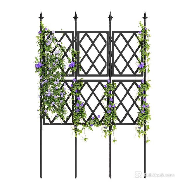 Courtyard Garden With Black Lattice Trellis Covered In Green Vines And Purple Small Flowers 3d model 