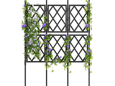 Courtyard Garden With Black Lattice Trellis Covered In Green Vines And Purple Small Flowers 3d model