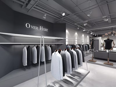 Modern Clothing Store Interior With Hanging Gray White Clothes On Display Racks And Mannequin 3d model