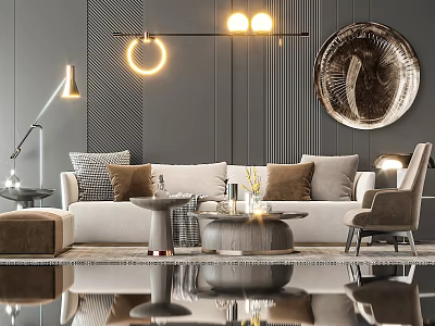 Modern Sofa And Coffee Table Set In Living Room With Throw Pillows And Decorative Lighting 3d model