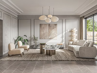 Modern Living Room Interior With Beige Sofa Coffee Table Pendant Lights And Wall Art 3d model