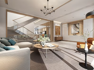 Modern Living Room Interior With Sofa Coffee Table Chandelier And Staircase 3d model