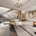 Modern Living Room Interior With Sofa Coffee Table Chandelier And Staircase
