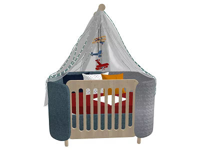 Baby Crib With Wooden Frame Gray Blue Design White Canopy Hanging Toys And Colorful Mattress 3d model