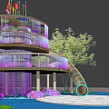 Colorful Multi Level Playground Equipment With Spiral Slide And Surrounding Trees