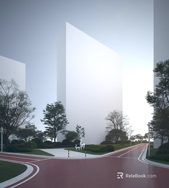 Modern Garden Landscape Design With White Buildings Green Trees Lawn And Running Track 3d model 
