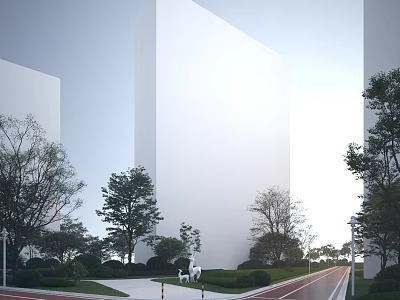 Modern Garden Landscape Design With White Buildings Green Trees Lawn And Running Track 3d model
