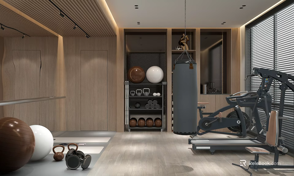 Modern Home Gym Interior With Wooden Walls Punching Bag Kettlebells Treadmill And Exercise Ball 3d model 