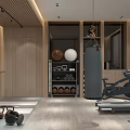 Modern Home Gym Interior With Wooden Walls Punching Bag Kettlebells Treadmill And Exercise Ball