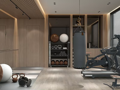 Modern Home Gym Interior With Wooden Walls Punching Bag Kettlebells Treadmill And Exercise Ball 3d model