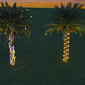 Palm Trees Decorated With Illuminated String Lights Under Blue Sky Green Grass And Distant Mountains