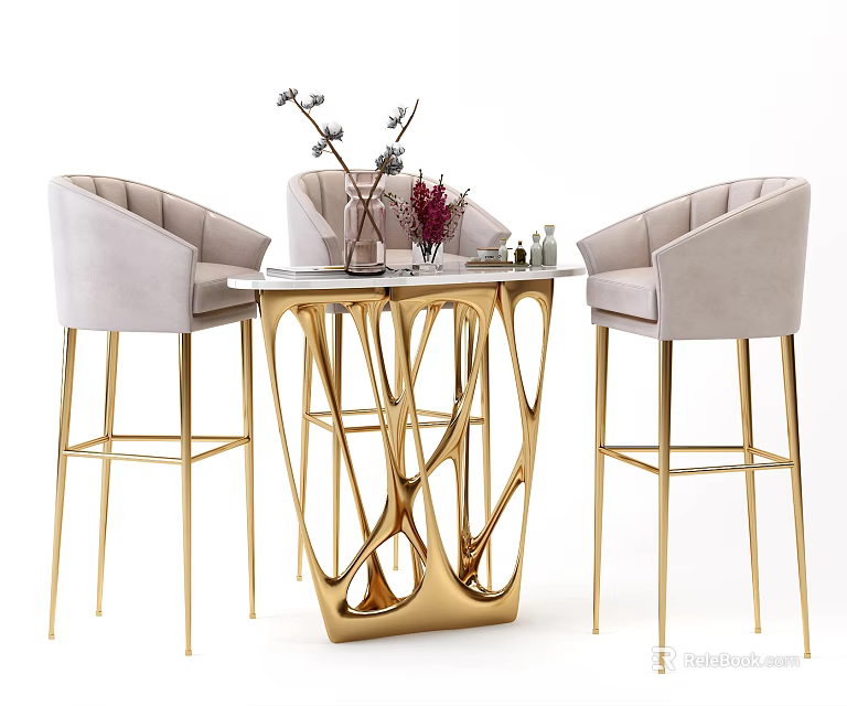 Elegant Bar Interior With Golden Counter Gray High Stools And Decorations 3d model