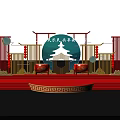 Traditional Chinese Stage With Red Carpet Golden Decor Moon Elements And Architecture