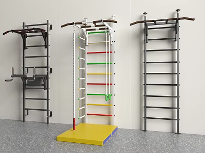 Three Wall Mounted Sports Training Racks With Colored Bars And Yellow Base 3d model