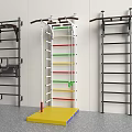 Three Wall Mounted Sports Training Racks With Colored Bars And Yellow Base