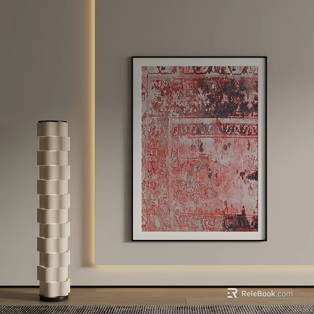 Modern Interior Scene With Red Abstract Painting And White Columnar Lamp Decor 3d model