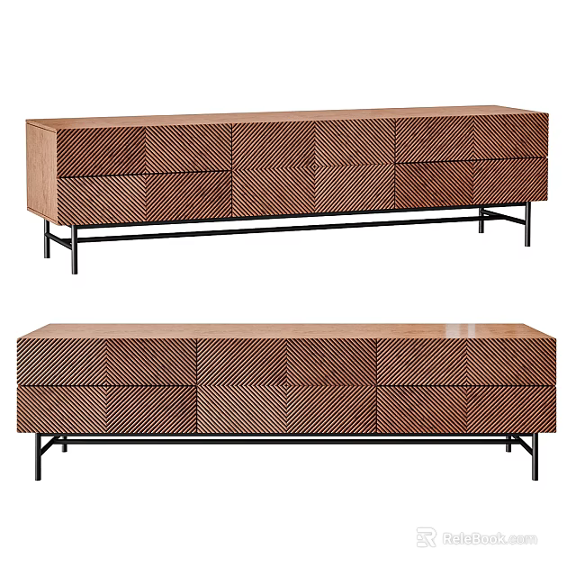 Modern Wooden TV Stand With Textured Drawers And Black Metal Legs 3d model 