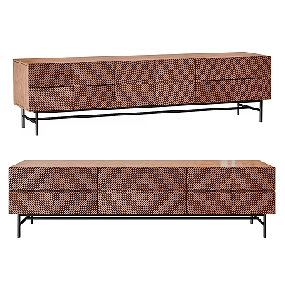Modern Wooden TV Stand With Textured Drawers And Black Metal Legs 3d model