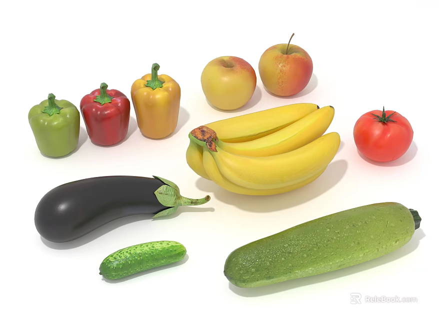 Colorful Fresh Vegetables Including Bell Peppers Eggplant Cucumber And Zucchini On White Background 3d model 