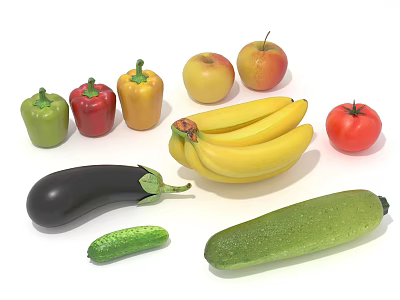 Colorful Fresh Vegetables Including Bell Peppers Eggplant Cucumber And Zucchini On White Background 3d model