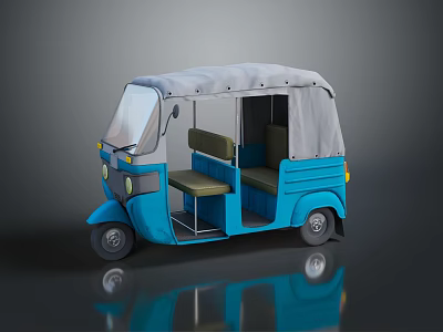 Blue Auto Rickshaw with Grey Canopy Passenger Seats and Shiny Reflection 3d model