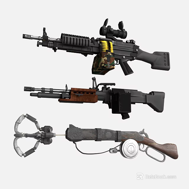 Various Weapons Featuring Modern Rifle Vintage Machine Gun and Crossbow Design 3d model 