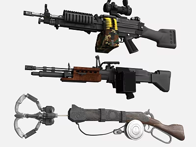 Various Weapons Featuring Modern Rifle Vintage Machine Gun and Crossbow Design 3d model