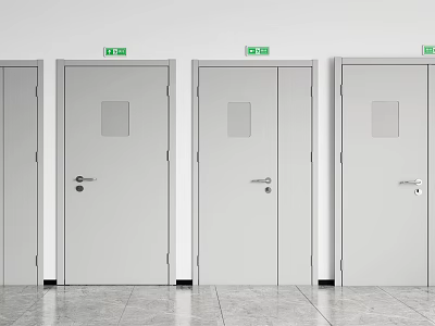 White Doors With Small Windows And Green Exit Signs On Gray Tiled Floor 3d model