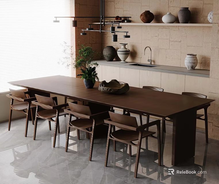Modern Wooden Dining Table Set with Six Chairs Potted Plant and Clay Pots in Kitchen 3d model 