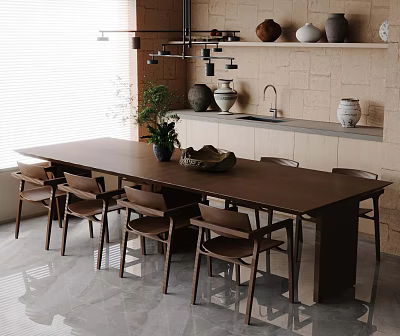 Modern Wooden Dining Table Set with Six Chairs Potted Plant and Clay Pots in Kitchen 3d model