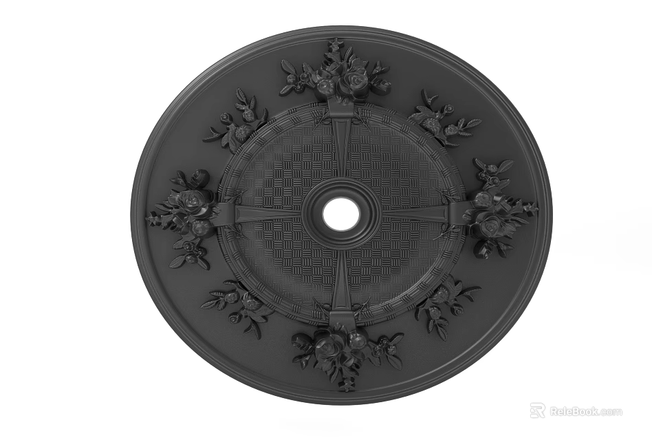 Black Carved Decorative Round Ceiling Medallion with Central Hole for Light Fixture 3d model 