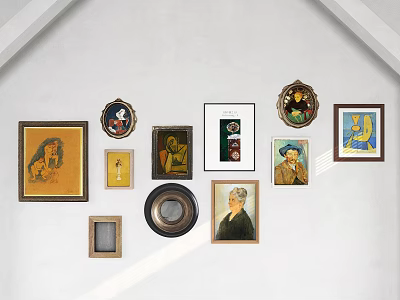 Multiple Portrait Paintings Hanging on Wall with Various Frames and Styles 3d model