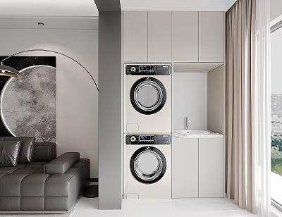 Sleek Balcony Cabinet with Washer Dryer and Sink in Modern Interior Space 3d model