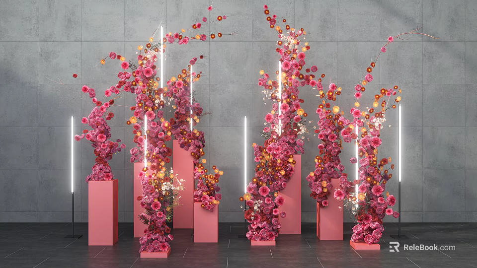 Elegant Floral Installation With Pink Orange Flowers On Columns White Strip Lights And Gray Wall 3d model 