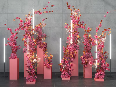 Elegant Floral Installation With Pink Orange Flowers On Columns White Strip Lights And Gray Wall 3d model